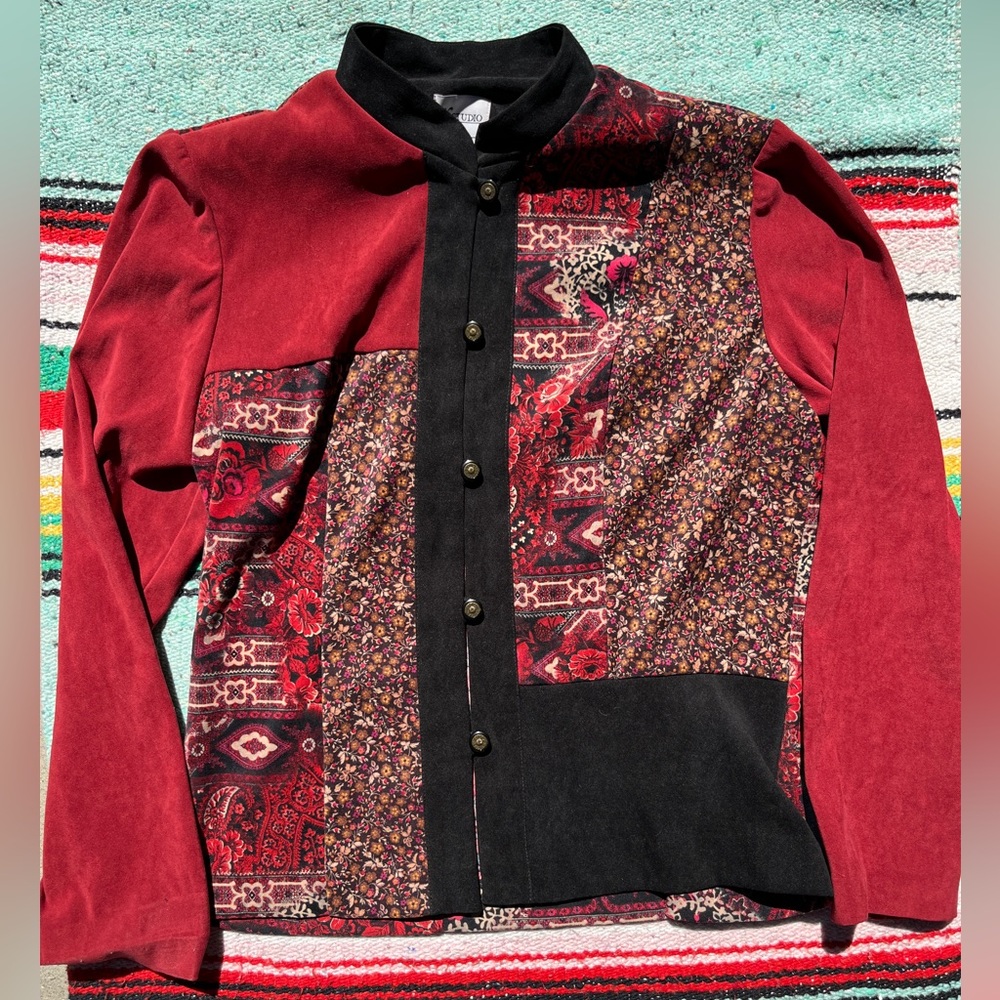 Beautiful red and black long sleeve top with patchwork design
